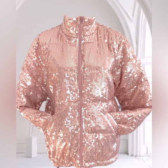 Grace + Emma All Over Sequence Puffer Jacket Coat Rose Gold Shiny Sparkly Med - Picture 1 of 10